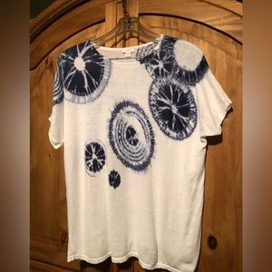 8947 Pure Jill Top Women's SMALL Blue White Knit Cap Sleeve Tie Dye Linen Blend